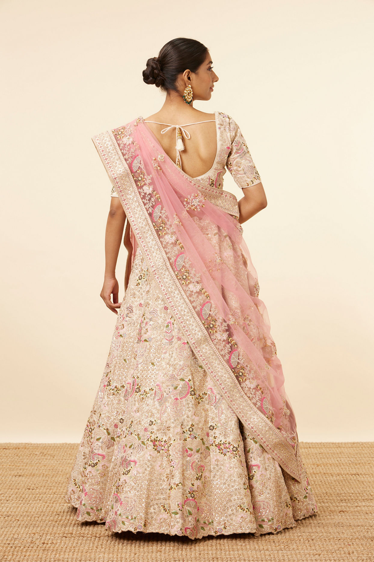 Akansha Puri in Peach & Red Floral Embroidered Bridal Lehenga With Ruffle Dupatta